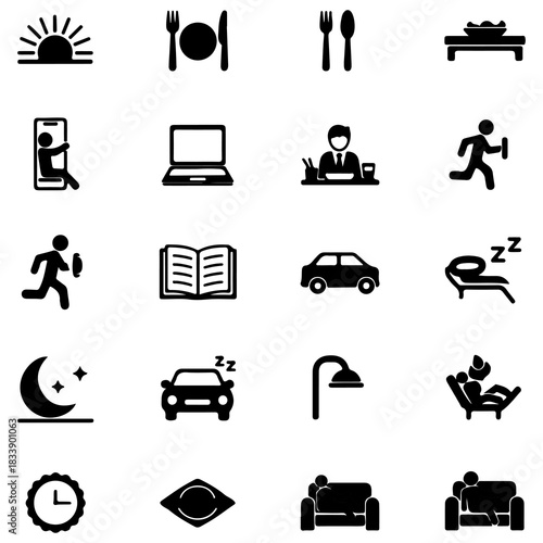 A collection of glyph icons illustrating the concept of a daily routine, schedule, and work-life balance