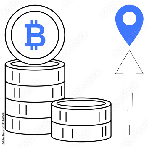 Cryptocurrency, Bitcoin investments, economic growth, blockchain technology, digital assets, financial innovation. Stacked Bitcoin coins with geolocation symbol and upward arrow. Cryptocurrency