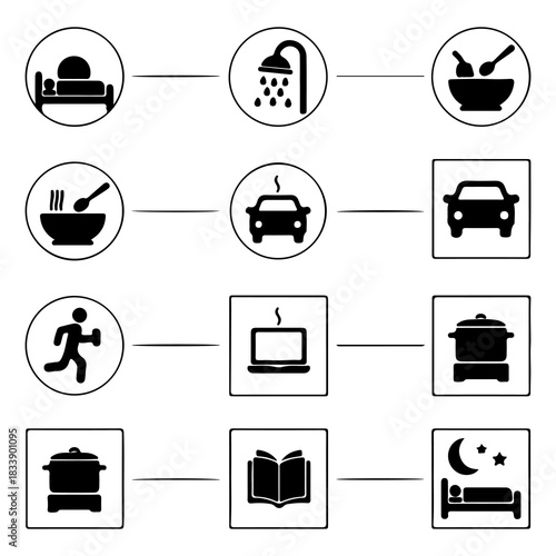 Conceptual icon set illustrating a person's daily routine, from morning activities to nighttime rest