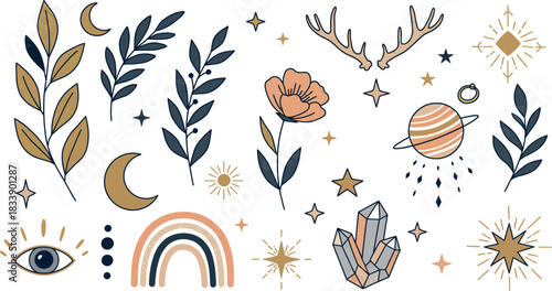 Bohemian celestial elements with moon stars rainbow and mystical symbols
