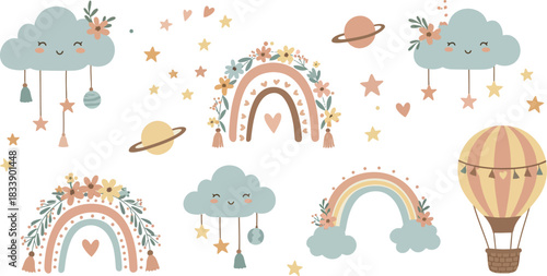Bohemian rainbows clouds hot air balloon stars planets and dreamcatchers nursery decor elements
