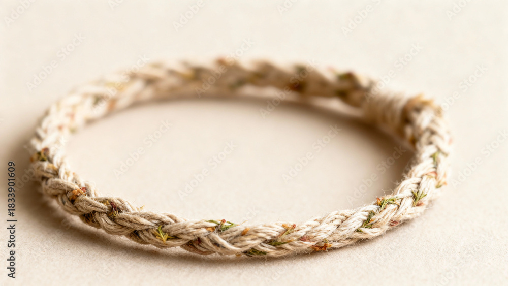 Fototapeta premium Woven natural hemp bracelet on neutral background 
