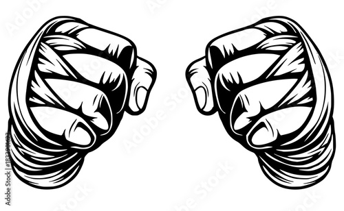 Pair of clenched fists wrapped in hand wraps or boxing tape, rendered in a striking black vector sketch.