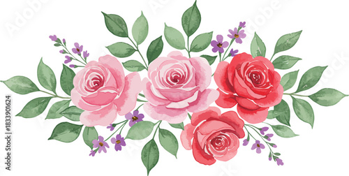 Beautiful watercolor arrangement of pink and red roses with green leaves and lavender sprigs