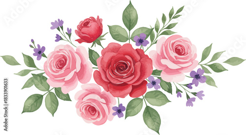 Beautiful watercolor bouquet of pink and red roses with green leaves and purple flowers