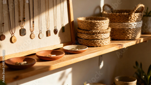 Natural gemstone jewelry displayed on wooden shelf with baskets  