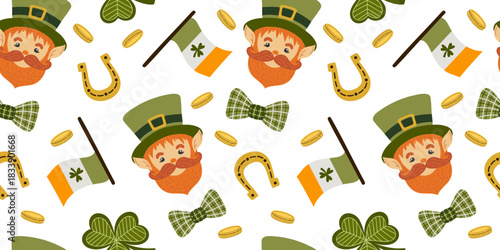 St. Patrick's Day seamless pattern with leprechaun hat, Irish flag, horseshoe.