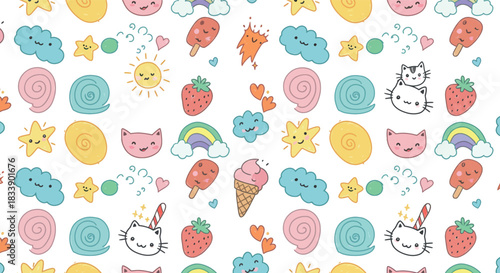 Whimsical hand drawn cute ice cream cones and popsicles with funny faces on white background