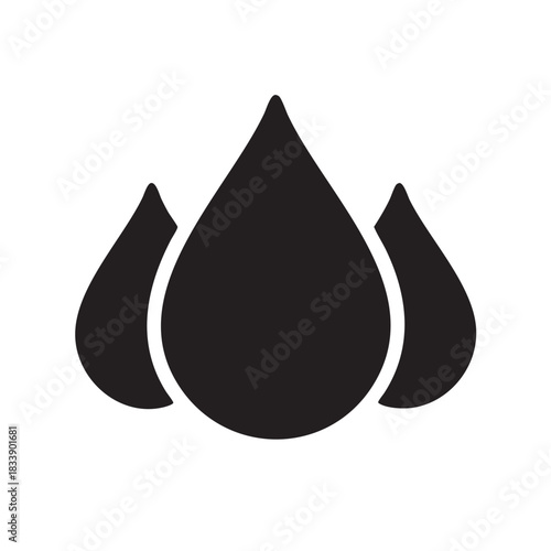 A simple black and white icon depicting three water droplets grouped closely together symbolizing purity and freshness