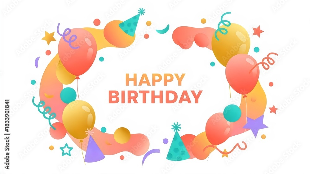 Fototapeta premium Festive happy birthday frame with balloons confetti and party hats colorful vector illustration for greeting cards and invitations.