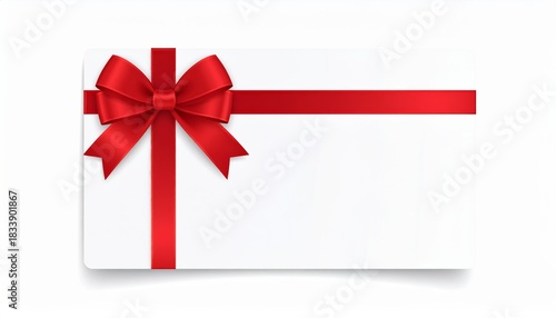 Red satin ribbon bow and blank gift card for festive holiday celebration