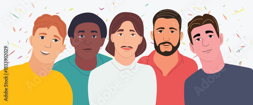 reunion school college concept, happy group of diverse men taking selfie together at reunion party  ,cartoon character, vector illustration 