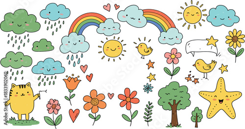 Whimsical hand drawn collection of cute cartoon weather elements and nature illustrations