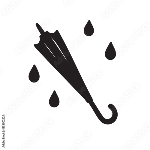 a simple black and white illustration depicting a closed umbrella with several raindrops falling around it