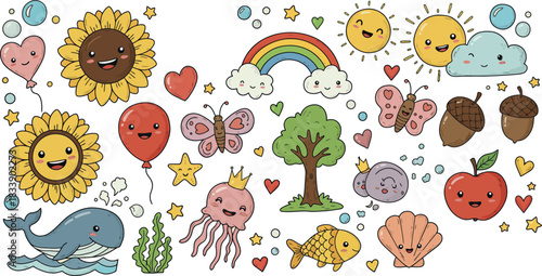 Collection of cute cartoon characters including sunflowers rainbow whale tree apple and butterflies