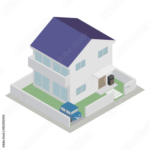 アイソメトリックなメールボックス付き宅配ボックスを設置している住宅のイメージ素材