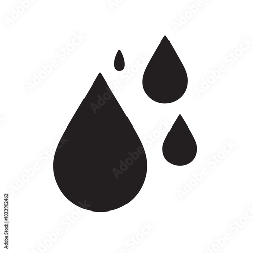 A simple black and white illustration depicting three water droplets of varying sizes a minimal design
