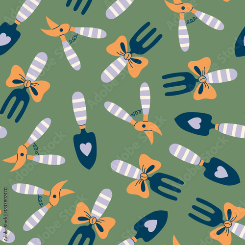 Gardening Tools Colorful Seamless Pattern. Cute Falling Garden Equipment Elements Trowel Fork Pruner with striped handle and bow. Repeat vector illustration in flat style