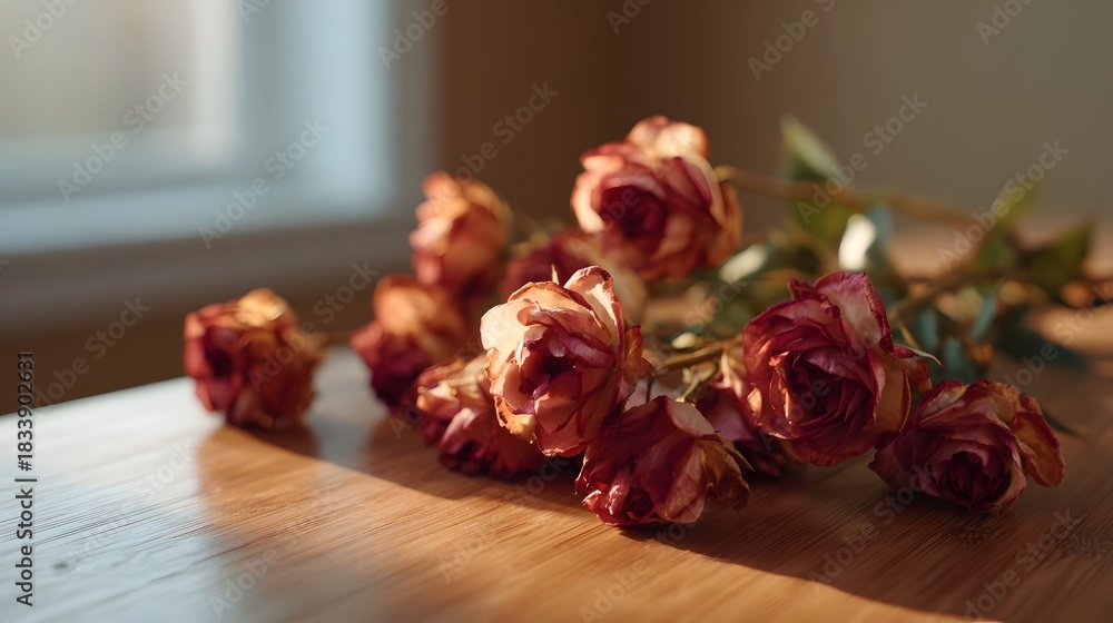 Naklejka premium Dried roses on a wooden surface bathed in warm sunlight evoking nostalgia and the passage of time