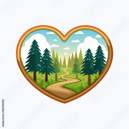 Heart-shaped frame with a winding path through a forest of pine trees under a blue sky.
