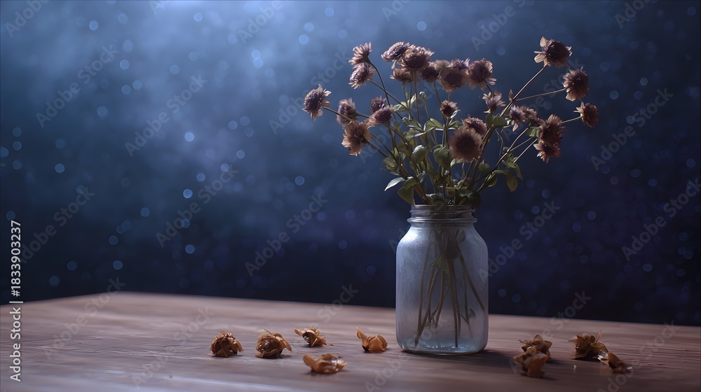 Fototapeta premium Dried flowers in a glass vase sit on a wooden table against a dark bokeh filled background