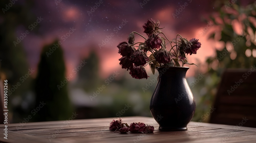 Obraz premium Withered flowers in a dark vase on a wooden table under a dramatic twilight sky with stars
