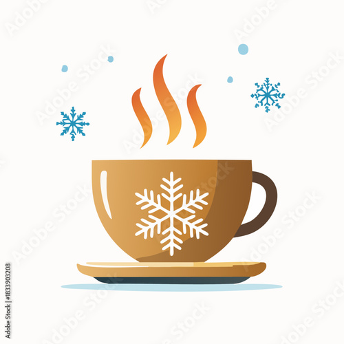 Hot Drink in a Cup with Snowflake Design and Steam.