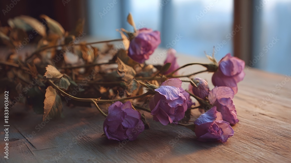 Naklejka premium Dried purple roses on a wooden table evoking a sense of quiet melancholy and the passage of time