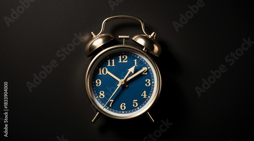 Wallpaper Mural A vintage round analog alarm clock with a blue and gold dial placed on a dark black fabric background. Torontodigital.ca