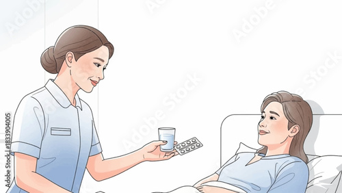 Nurse giving water and medication to a patient in bed