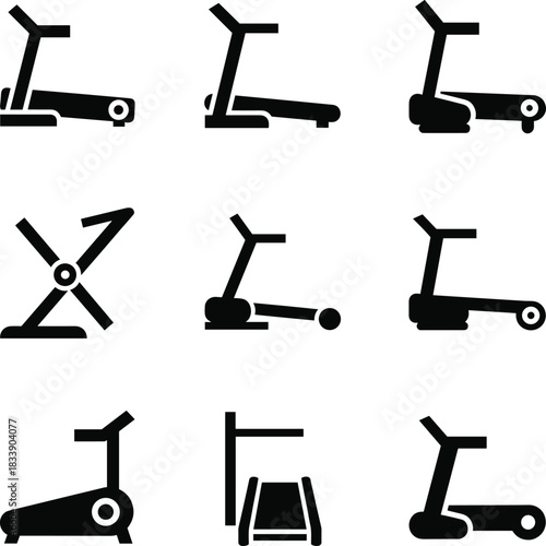 Black Icons of Various Treadmills and Exercise Machines