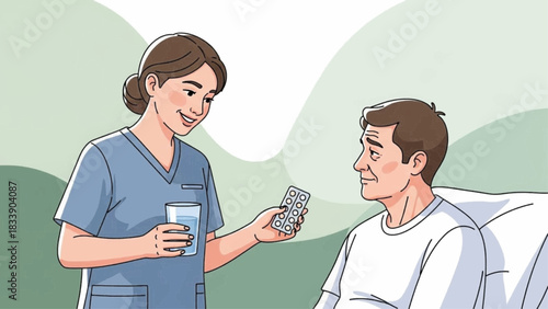 Nurse giving medication and water to a patient in bed