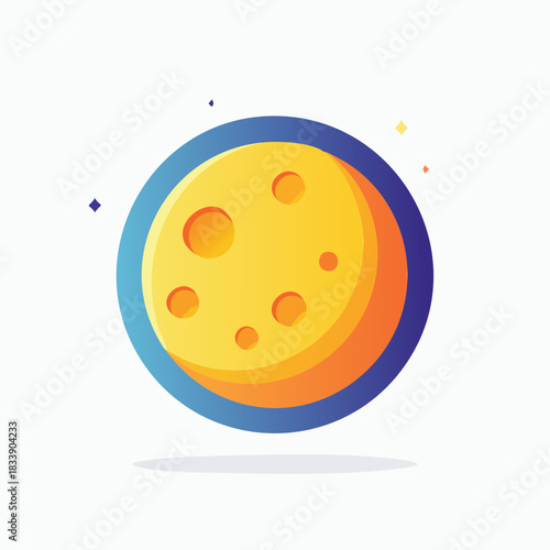 Bright yellow moon with craters in a blue circle, isolated on a white background, flat design style.