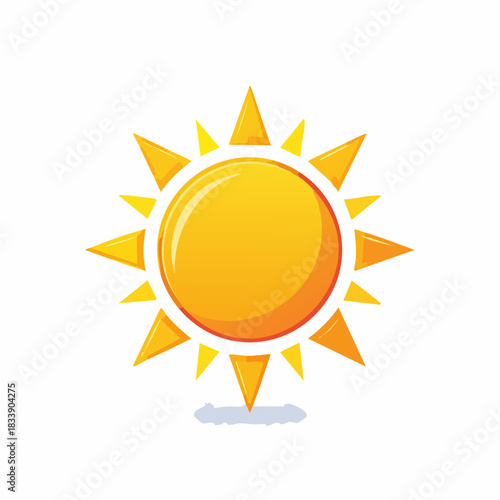 Bright yellow sun radiating light and warmth on white background.