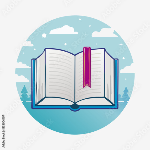 Open Book with Bookmark and Winter Landscape Background.
