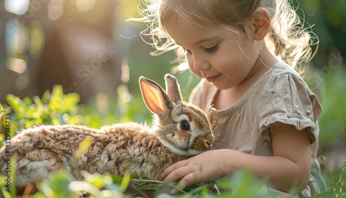 little girl and rabbit, A tender moment of a sweet toddler girl gently petting a cute brown rabbit in a sunny, green garden, capturing childhood innocence and animal love