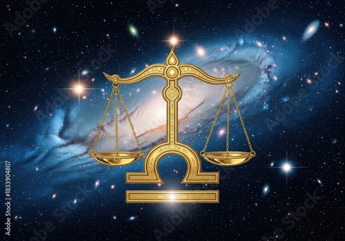 Golden libra zodiac sign with scales in outer space galaxy background