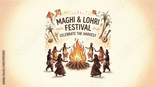 hand-drawn square poster template for maghi and lohri festival illustration template featuring bonfire with people silhouettes dancing around on light neutral background with soft vignette