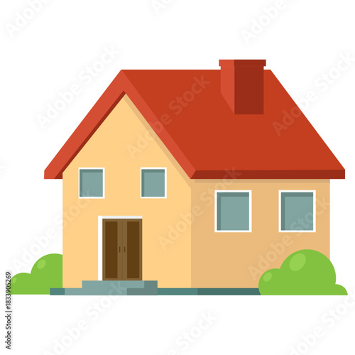 Illustration of a Simple House with Bushes