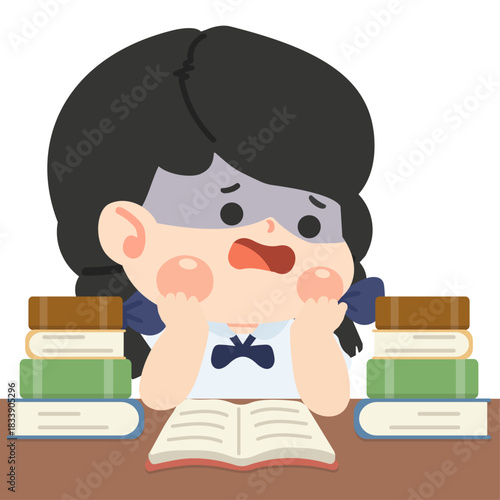 Illustration of Stressed Student Studying with Books
