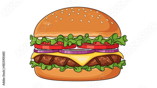 Delicious burger with lettuce, tomato, onion, cheese, and sesame bun on white background
