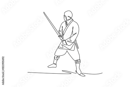 Continuous one line drawing man ninja in mask poised in wide combat stance, wielding katana sword in ready guard, dynamic combat and focused action. Single line draw design vector graphic illustration