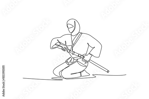Continuous one line drawing attractive young man ninja kneeling on the ground, drawing sharp katana sword, illustrating stealth and focused action. Single line draw design vector graphic illustration