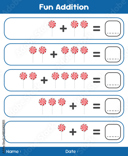 Game for children addition by counting lollipops. Educational mathematical game. Addition game for children. Kids activity sheet. Template for addition
