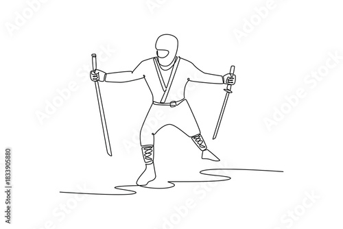 Single continuous line drawing man ninja poised in wide combat stance, wielding twin swords in wide guard, illustrating dynamic combat, focused action. One line draw graphic design vector illustration