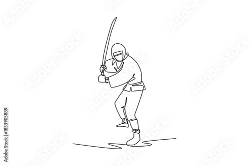 Continuous one line drawing man ninja in a mask crouched low, preparing a powerful overhead strike with a katana sword, illustrating dynamic action. Single line draw design vector graphic illustration