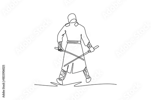 Single continuous line drawing man ninja seen from the back poised in wide stance wielding twin katana, illustrating dynamic combat and focused action. One line draw graphic design vector illustration