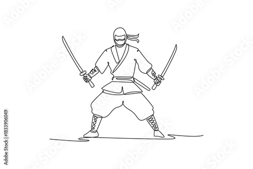 Single continuous line drawing strong man ninja poised in a wide stance, wielding twin katanas, illustrating dynamic combat and focused action. Dynamic one line draw graphic design vector illustration