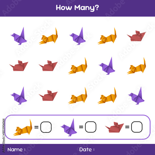 Count how many objects. Educational mathematical game. Counting game for children. Kids activity sheet. Template for how many