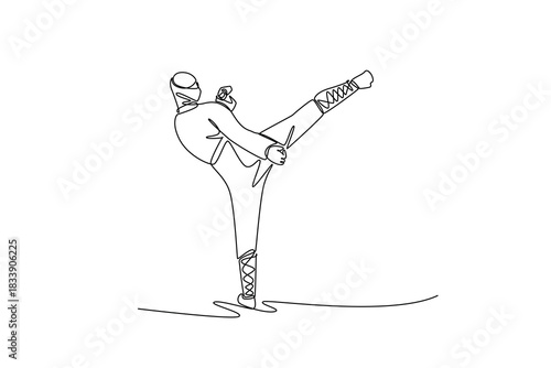 Single one line drawing active man ninja balancing on one leg executing high kick towards the side illustrating dynamic action and martial arts. Continuous line draw design graphic vector illustration